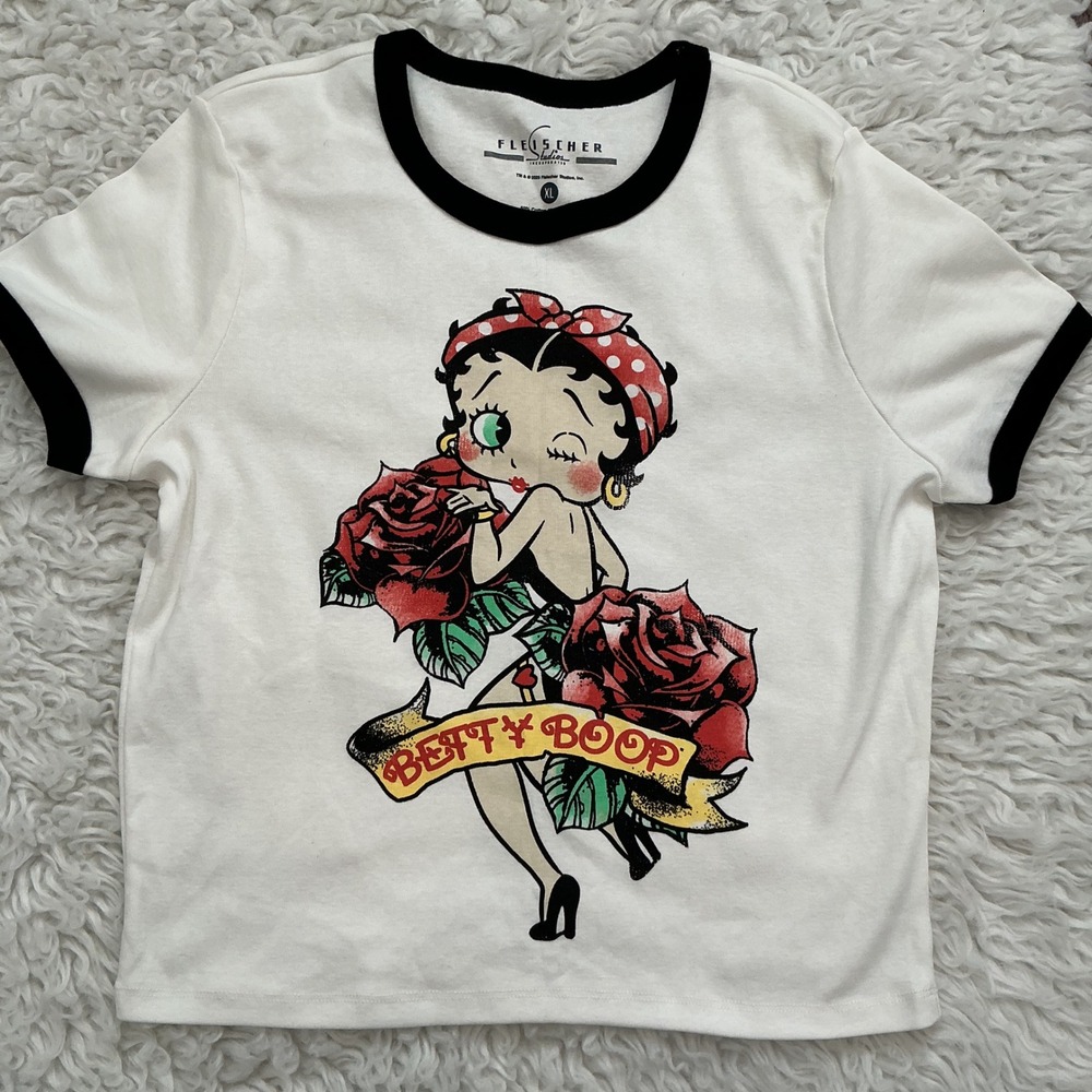 Betty Boop Fleischer Studios Graphic‎ Ringer T-Shirt White Black XL Rose Tattoo